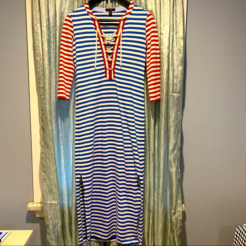 JCrew Nautical Long Cotton Dress in Red, White, and Blue Stripe
